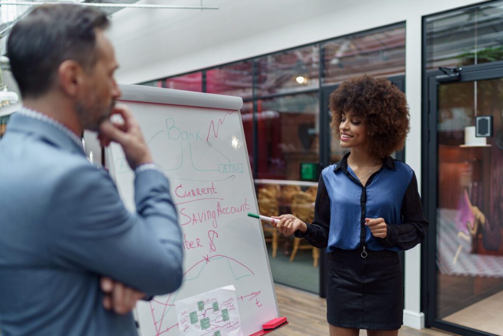 A businesswoman with a sales mindset doing a presentation